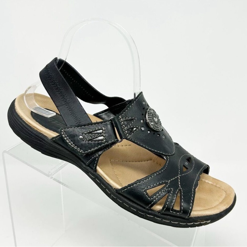 Earth Black Leather Comfort Slingback Sandals Size 9.5 Boho Medallion Open Toe